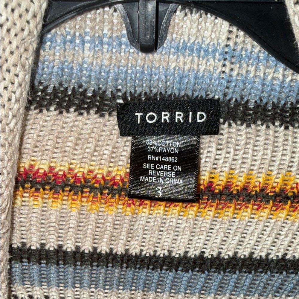 torrid Beige Striped Knit Cardigan with Red, Yellow, Blue, Gray Accents - Picture 2 of 4